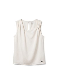 Blouse blanche sans manches avec un tissu subtilement texturé, une petite ouverture en forme de goutte à l'arrière du col et un petit logo métallique près de l'ourlet.