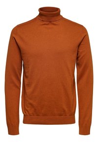 Rust-colored turtleneck sweater made of soft knit material. Features ribbed collar and cuffs; fitted silhouette with minimal design details.