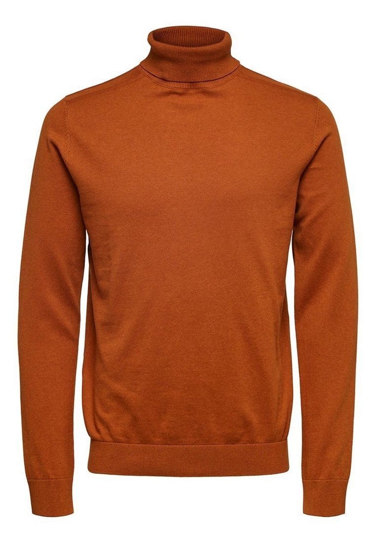 Rust-colored turtleneck sweater made of soft knit material. Features ribbed collar and cuffs; fitted silhouette with minimal design details.