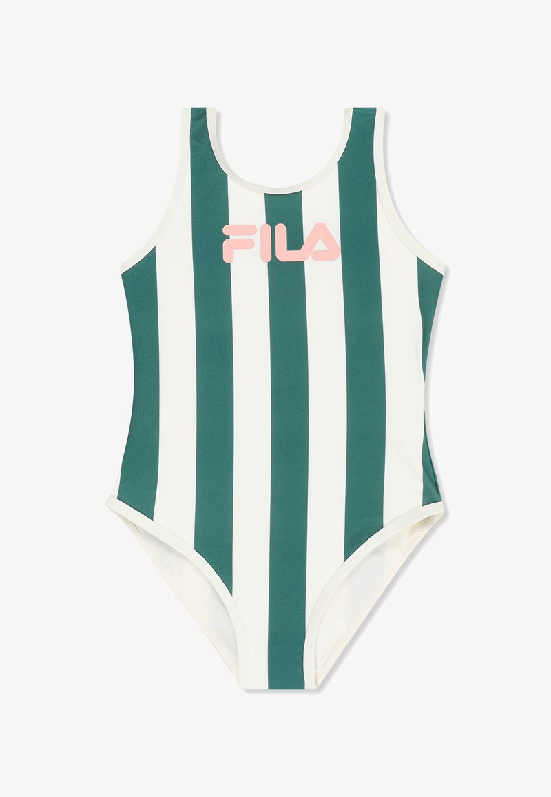 Costume intero a righe verticali verdi e bianche con logo FILA rosa al centro del petto.
