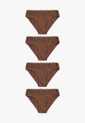 Brown cotton panties with a lace trim at the waistband. Four pairs arranged vertically, showcasing smooth fabric and delicate detailing.