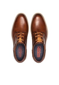 Brown leather shoes with a smooth finish, round toe, and contrasting tan lace accents. Features a dark interior with a logo.