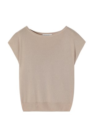 Beige short-sleeve knit top with wide neckline and ribbed hem, displayed against a white background.