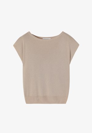 Beige, rövid ujjú kötött felső, széles nyakkal és bordázott aljjal, fehér háttér előtt bemutatva.