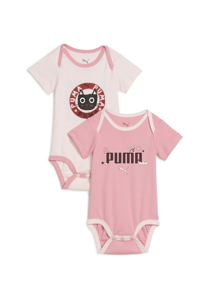 Two baby bodysuits: one pink with a black cat graphic and logo, the other pale pink with "PUMA" text, both have contrasting trim and snaps.