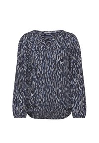 Blusa navy con scollo a V, maniche lunghe, orlo elasticizzato e un motivo geometrico in tonalità di blu e bianco. Tessuto leggero.