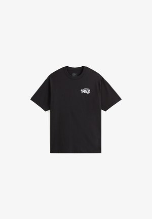 Black cotton t-shirt with short sleeves, crew neck, and small white graphic text on the left chest area. Smooth texture, casual fit.