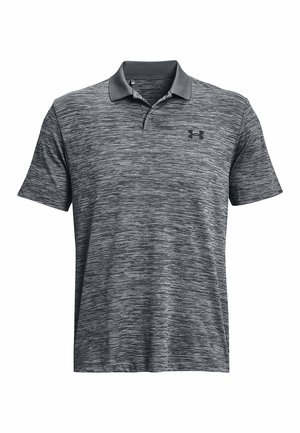 Polo gris à manches courtes avec motif texturé, col noir, deux boutons et petit logo noir Under Armour sur le côté gauche de la poitrine.