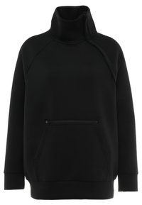 Černá mikina s vysokým límcem z měkké látky. Má raglánové rukávy, kapsu na zip a volný střih. Hladká textura, bez vzorů.