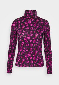 Maglione a maniche lunghe con collo a imbuto realizzato in tessuto leggero, con una base nera e vivaci motivi floreali rosa. Texture morbida e design aderente.