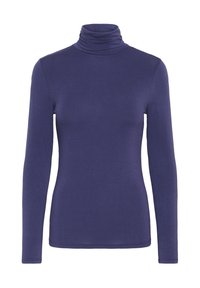 Maglione a collo alto blu navy a maniche lunghe con silhouette aderente su sfondo bianco.