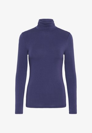 Tumed sinine pikkade varrukatega kõrge kaelusega topp, millel on vormiv siluett, valge taustal.