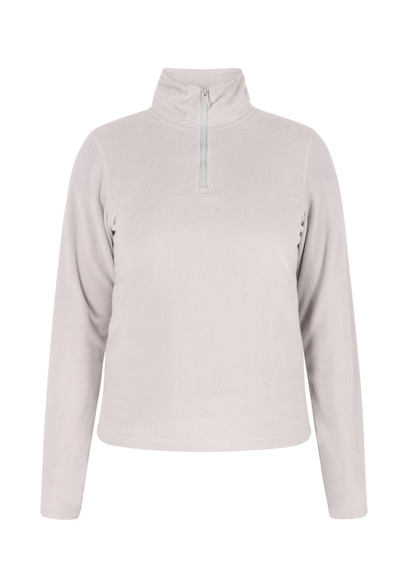 Lichtgrijze fleece pullover met een ritskraag, lange mouwen, een gladde textuur en een ontspannen pasvorm. Eenvoudig ontwerp zonder patronen of accenten.