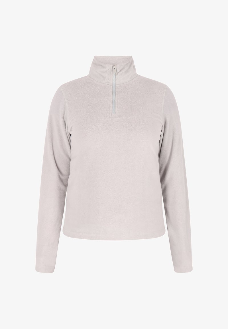 Lichtgrijze fleece pullover met een ritskraag, lange mouwen, een gladde textuur en een ontspannen pasvorm. Eenvoudig ontwerp zonder patronen of accenten.