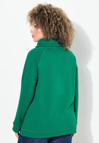 Pullover verde con colletto alto, realizzato in stoffa morbida. Maniche lunghe, vestibilità comoda e texture liscia. Nessun motivo o hardware visibile.