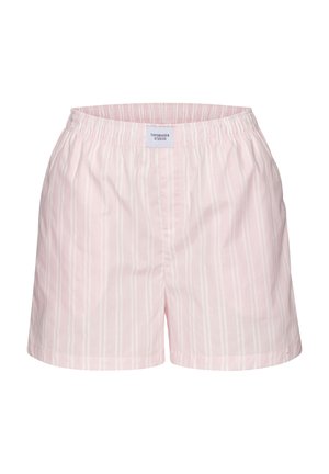 Light pink cotton shorts with white vertical stripes and elastic waistband labeled "Copenhagen Studios."