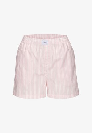 Hellrosa Baumwollshorts mit weißen vertikalen Streifen und elastischem Bund mit der Aufschrift "Copenhagen Studios".