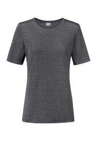 Grijs T-shirt met korte mouwen, gemaakt van metallic stof, met een ronde halslijn en een gladde textuur zonder patronen of extra accenten.