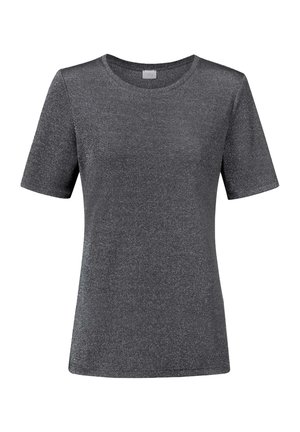 Graues kurzärmliges T-Shirt aus metallischem Stoff, mit rundem Ausschnitt und glatter, ungemusterter Textur ohne zusätzliche Akzente.