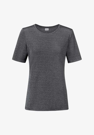 Grijs T-shirt met korte mouwen, gemaakt van metallic stof, met een ronde halslijn en een gladde textuur zonder patronen of extra accenten.