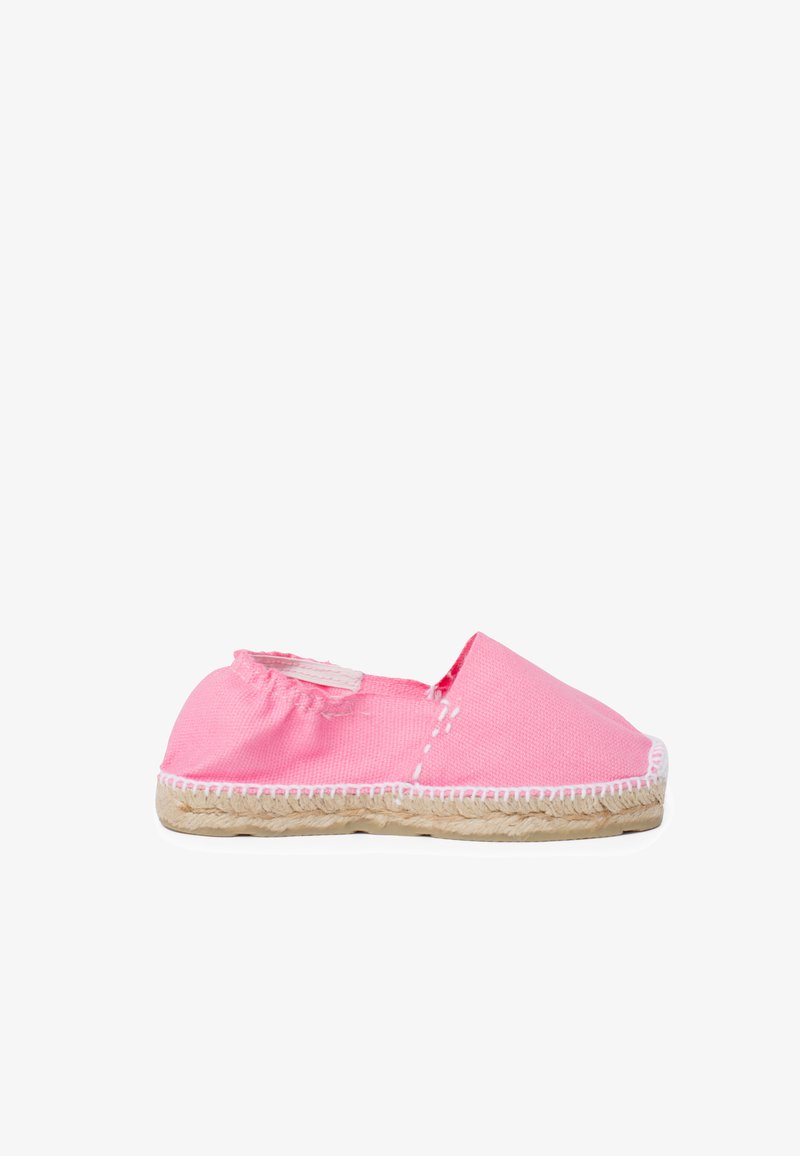 Rosa Leinenschuh zum Hineinschlüpfen mit runder Spitze, geflochtener Jutesohle und elastischem Knöchelausschnitt. Weiße Nähte setzen Akzente im Design.