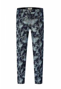 Jean slim-fit pour homme avec un motif camouflage abstrait bleu et noir et une fermeture à bouton à l'avant, étiqueté Frilivin.