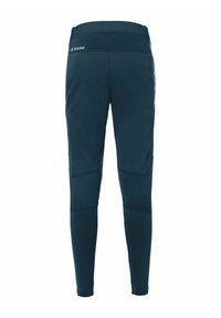 Dunkelblaue Sportleggings mit einer glatten Textur, ausgestattet mit einem hohen Bund und kontrastierenden Paneelen an den Seiten für zusätzliche Designdetails.