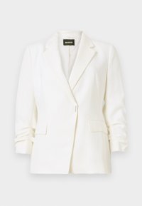 Blazer blanco a medida con solapas con muesca, cierre de un solo botón, bolsillos delanteros con solapa y mangas ligeramente fruncidas, etiquetado como BOSS.