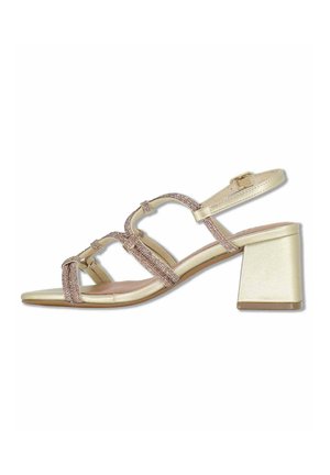 Sandalo con tacco a blocco dorato, cinturini intrecciati scintillanti e fibbia regolabile alla caviglia, design con punta aperta.