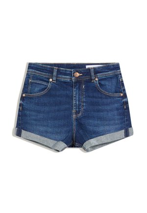 Denim shorts in dark blue with rolled hems. Features five pockets and brass button hardware. Smooth texture with contrasting stitching details.