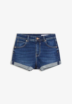 Krótkie spodenki jeansowe w ciemnym niebieskim kolorze z podwiniętymi nogawkami. Posiadają pięć kieszeni i mosiężne guziki. Gładka faktura z kontrastowymi przeszyciami.