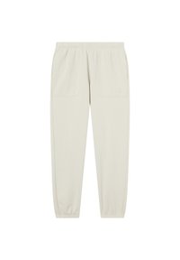 Beige joggerbroeken met elastische tailleband, voorzakken, zijzakken en elastische boorden, eenvoudig met subtiel logo op de linkerzak.
