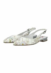 Ballerine bianche con cinturino sul dietro, caratterizzate da un motivo floreale con accenti verdi, rosa e gialli, punta a forma appuntita e un tacco metallico basso.