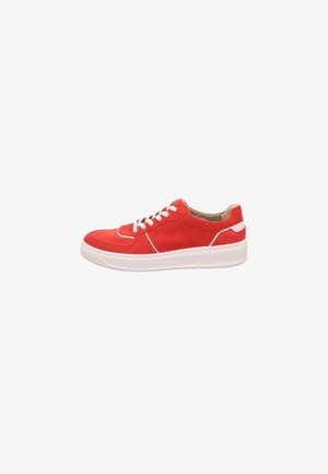Red suede sneaker with white laces, a padded collar, and a white rubber sole. Features minimalistic stitching and a sleek design.