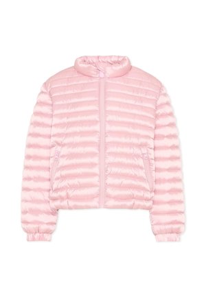 Piumino trapuntato rosa chiaro con cerniera frontale, due tasche laterali con cerniera, colletto alto e polsini elastici.