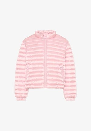 Doudoune matelassée rose clair avec fermeture éclair à l'avant, deux poches latérales zippées, col montant et poignets élastiques.