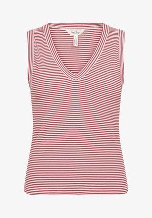 Röd och vit randig ärmlös topp med V-hals. Tillverkad av ribbat tyg, har den horisontella ränder och en figurnära silhuett.