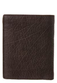 Hnědá kožená peněženka s texturovaným povrchem, obdélníkovým tvarem a minimalistickým designem. Obsahuje šité okraje a měkký, odolný povrch.