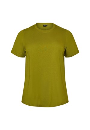 Olivengrøn kortærmet T-shirt i bomuld med rund hals, afslappet pasform, tætsiddende snit og glat tekstur, vist på ensfarvet hvid baggrund.