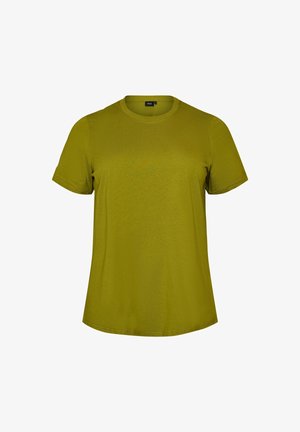 T-shirt casual in cotone verde oliva a maniche corte con scollo tondo, taglio aderente e tessuto liscio, mostrata su sfondo bianco semplice.