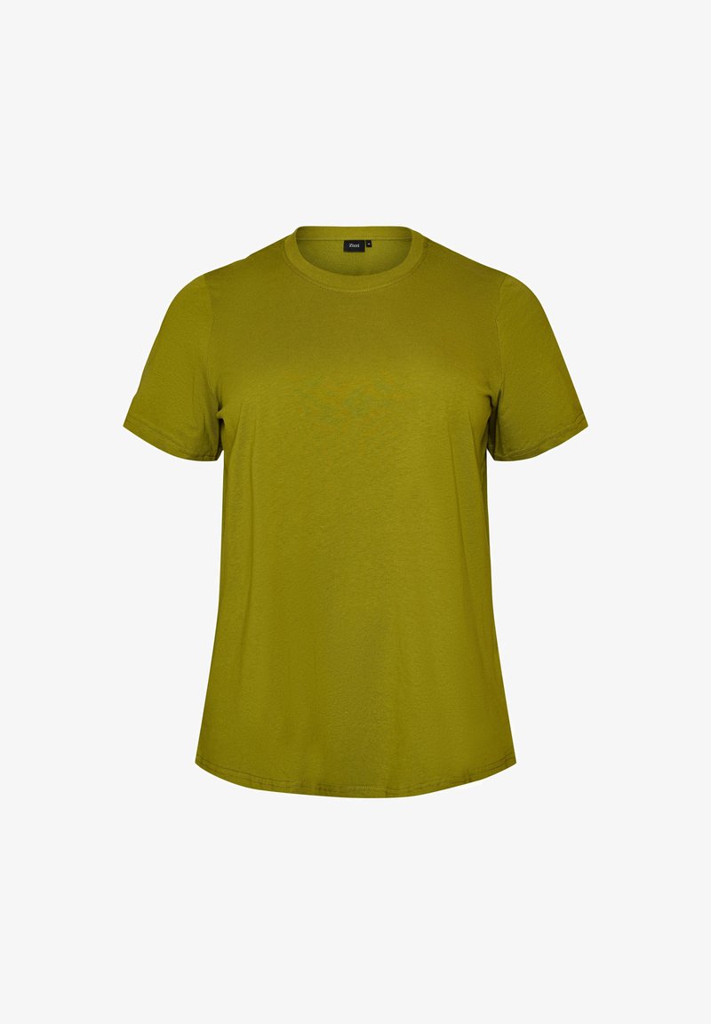 Λαδί κοντομάνικο βαμβακερό T-shirt με στρογγυλή λαιμόκοψη, εφαρμοστή γραμμή και ομαλή υφή, απεικονίζεται σε απλό λευκό φόντο.
