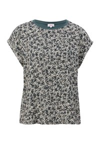 Bluse mit floralem Muster in Dunkeltürkis und Creme; aus weichem Stoff; mit Rundhalsausschnitt und lockerer Passform.