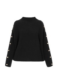Maglione nero a maglia grossa con collo alto e bottoni dorati che corrono lungo la lunghezza di entrambe le maniche ampie.