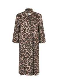Leopardo rašto kimono stiliaus chalatėlis, pagamintas iš minkštos, blizgios medžiagos; turi apykaklę, trijų ketvirčių rankovėmis ir iki kelių siekiančią laisvą siluetą.