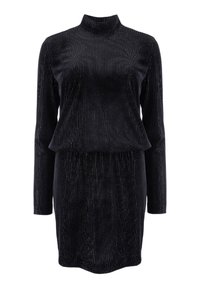 Vestido de terciopelo negro con rayas verticales, cuello alto, mangas largas, cintura ajustada y un acabado texturizado que refleja la luz de manera sutil.