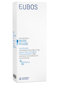 EUBOS Basis Pflege cream packaging is rectangular, white with blue text, featuring a minimalist design. Contains claims about moisturizing and protecting skin.