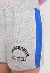 Grå fleece-shorts har en blå sidlist och broderad text som säger "Abercrombie & Fitch" i marinblått. Elastisk midja för komfort.