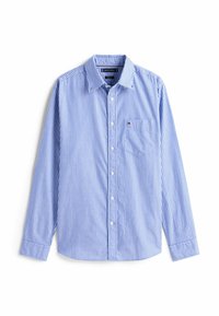 Langærmet button-up skjorte i lyseblå og hvide striber. Bomuldsstof med spids krave og en brystlomme på venstre side.