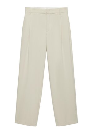 Pantalon beige taille haute cintré avec poches latérales, passants de ceinture et fermeture éclair devant, coupe droite.
