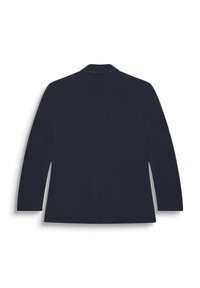 Blazer blu navy con maniche lunghe, colletto a risvolto e spacco singolo sul retro. Tessuto liscio, dettagli minimi, vestibilità sartoriale.